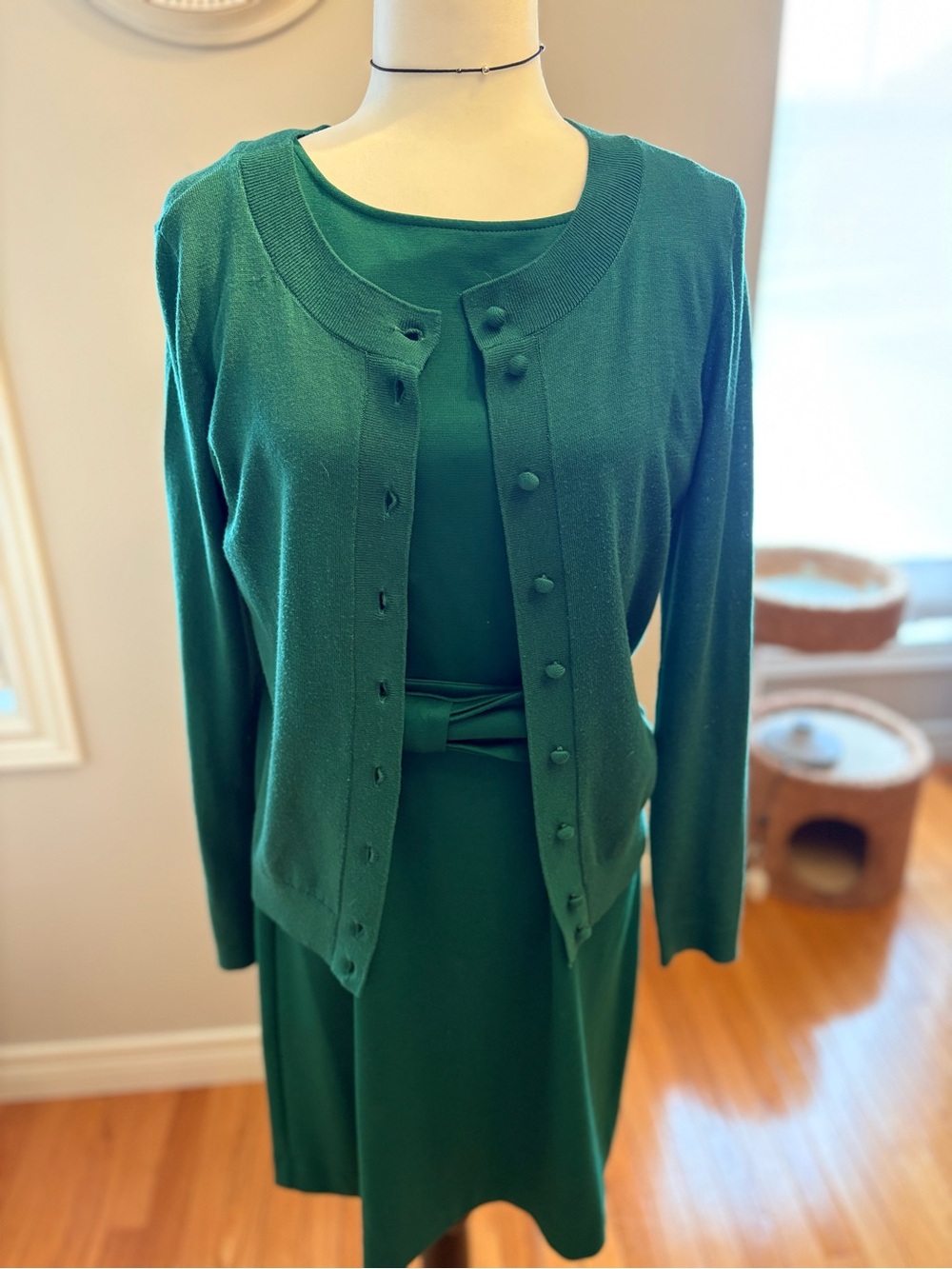 2PCS Vintage Jacob Emerald Green Sleeveless Dress&Bow- with matching cardigan - Picture 8 of 9